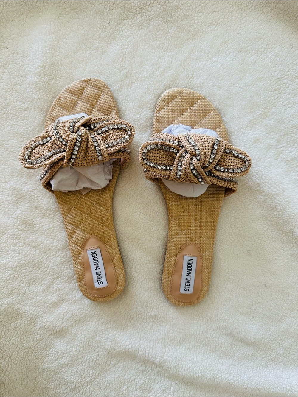 Steve Madden Natural Raffia Slide Sandals with Crystal Bow - Picture 9 of 10